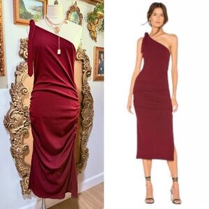 Revolve Privacy Please Burgundy One Shoulder Ruched Midi Dress